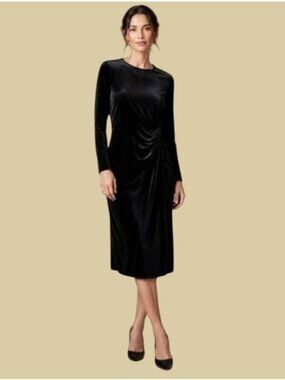 Belle Poque Black Velvet Velour Long Sleeve Midi Dress Size XL Evening Wedding